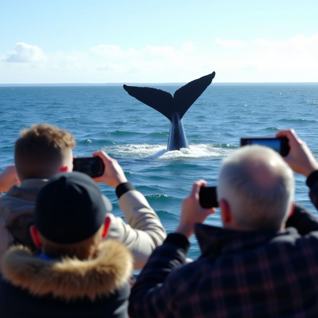 A group of tourists watching a whale from the boat.