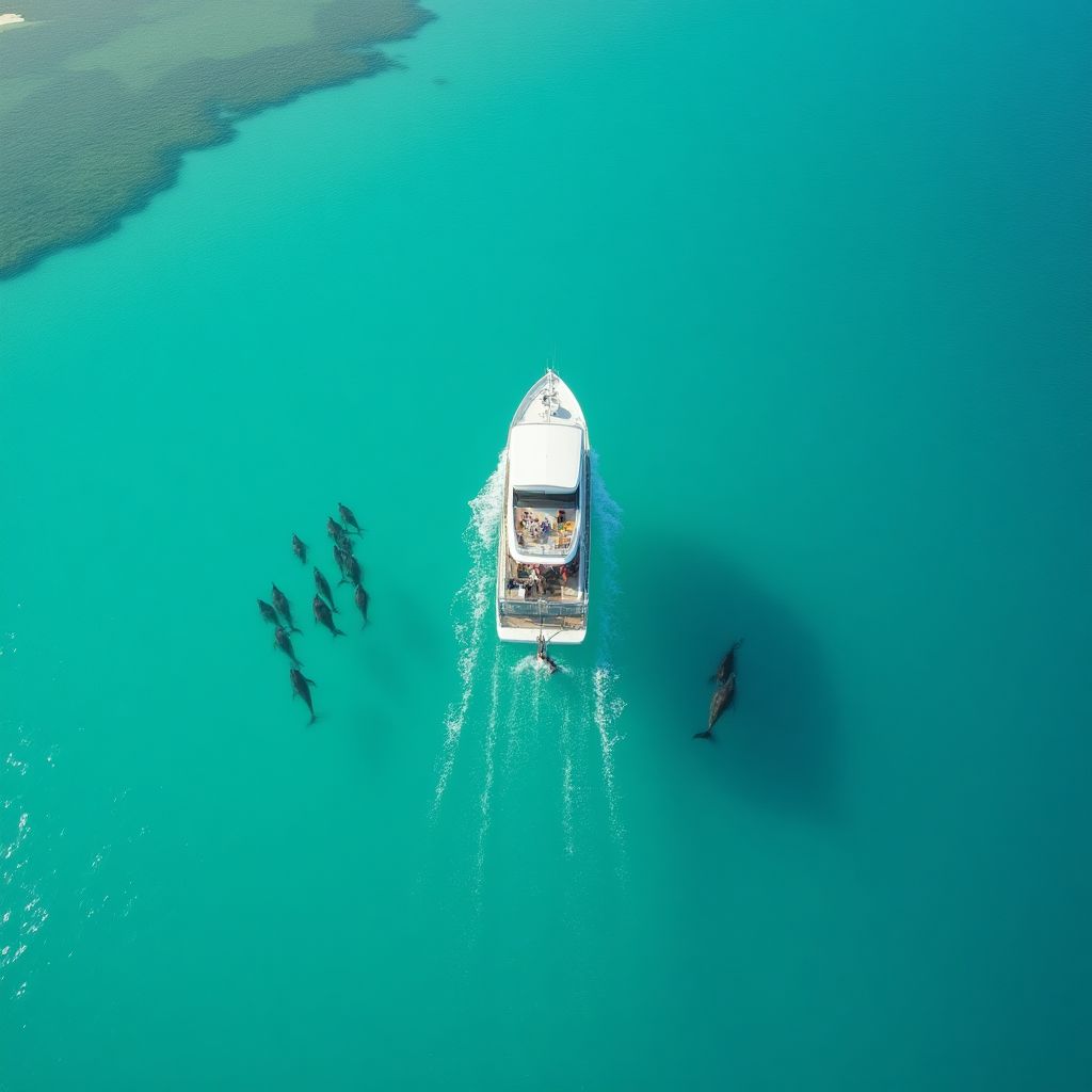 An aerial view of the tour boat near a pod of dolphins.