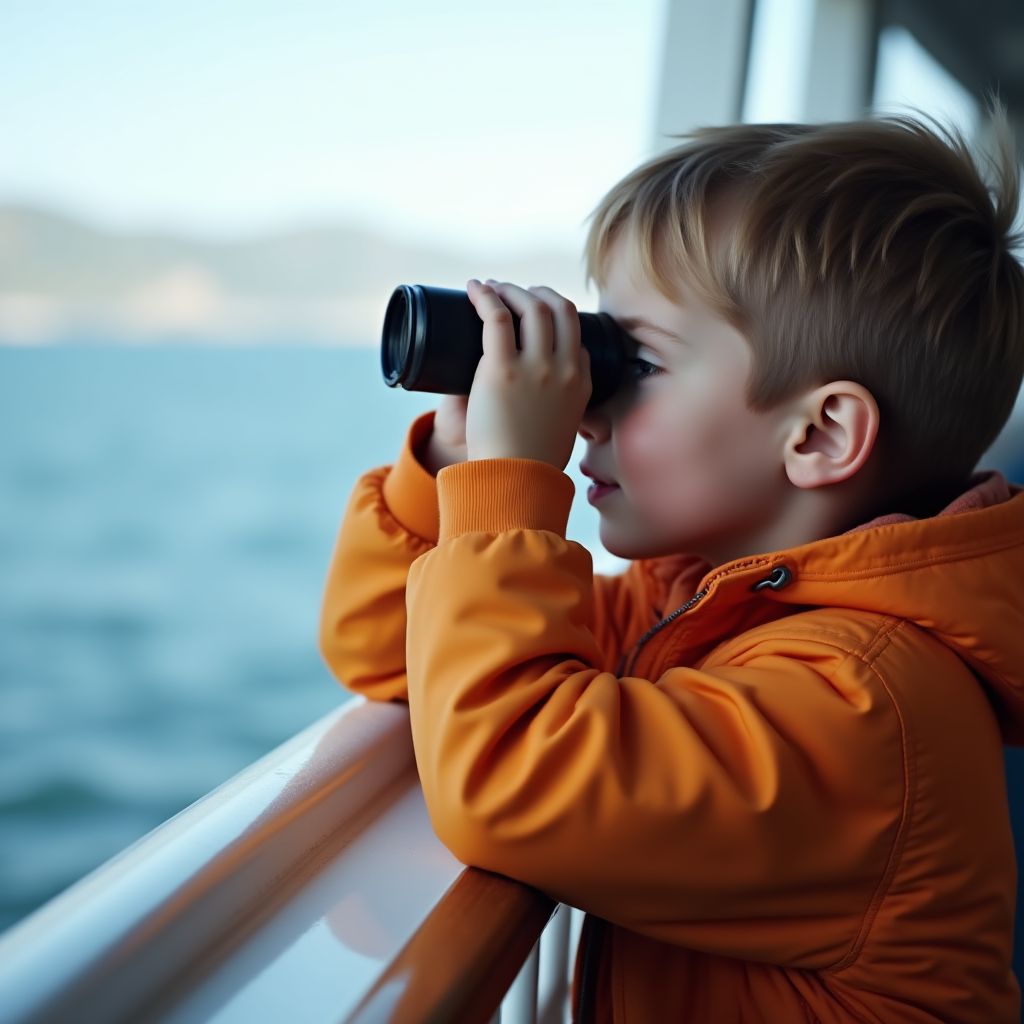 A child looking through binoculars at the ocean.