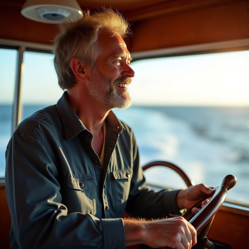 Founder of Oceanic Odyssey on a boat, looking at the ocean.