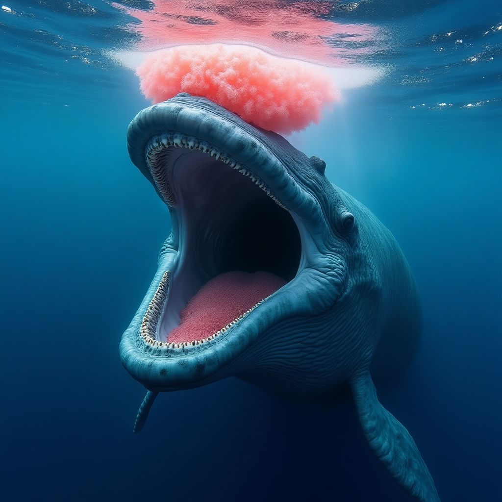 A Blue Whale feeding on a massive cloud of krill.