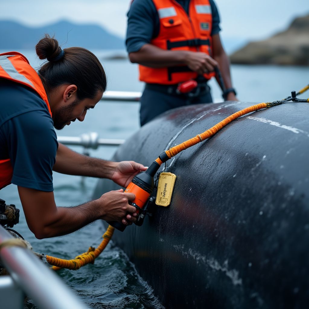 Marine biologist tagging a whale for research.
