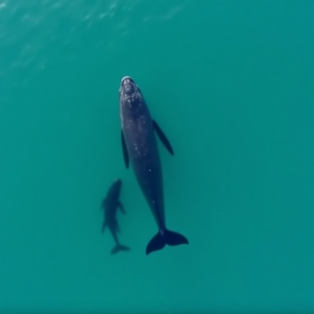 A Southern Right whale mother with her calf in calm waters.