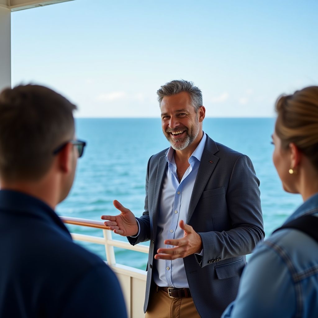 A cheerful tour guide on a whale watching boat.