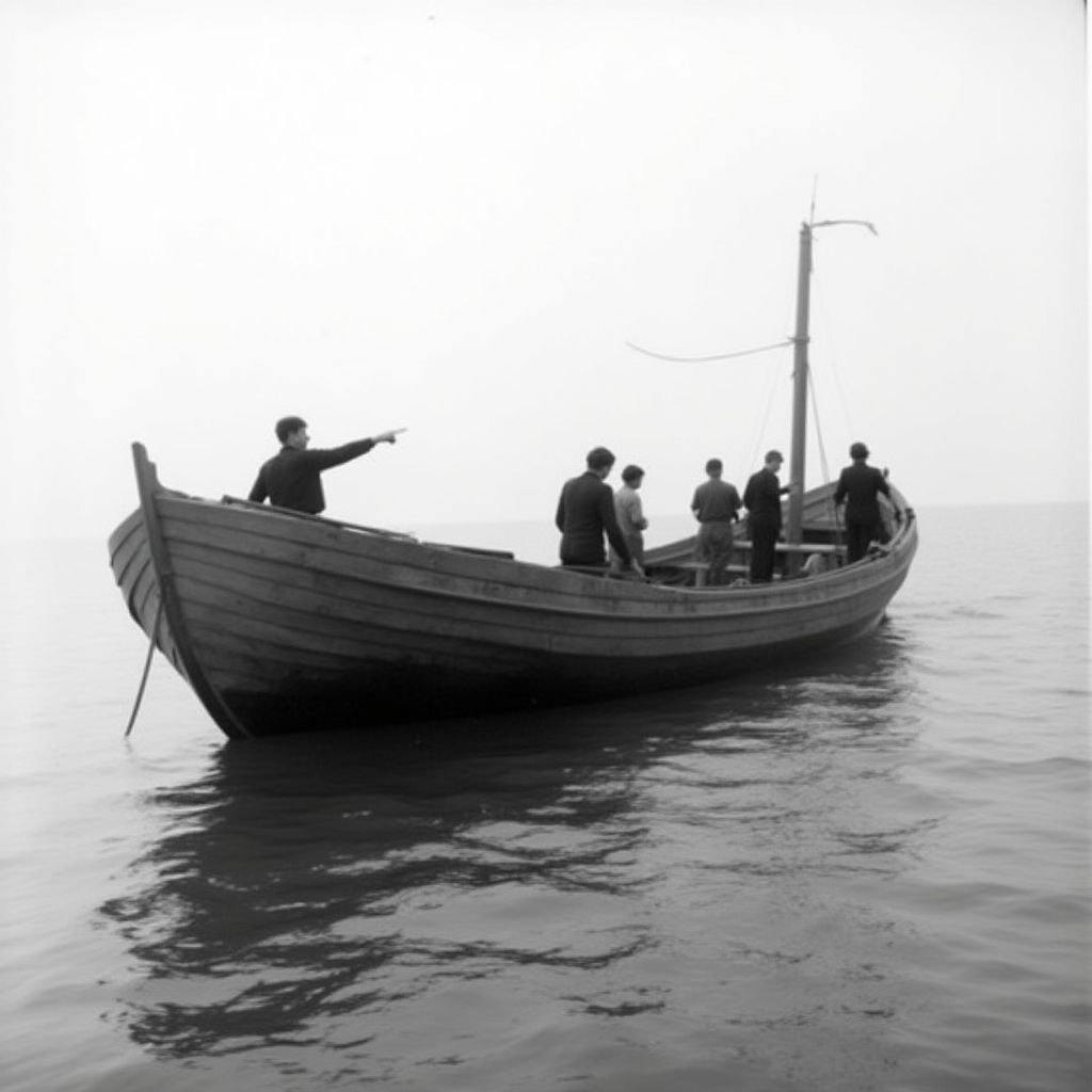 A vintage boat with tourists watching whales in the distance.