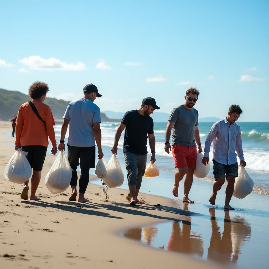 Volunteers cleaning a beach.
